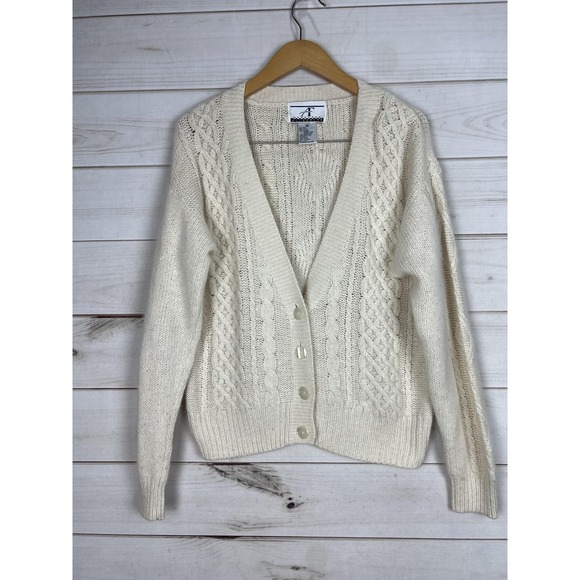 Accordeon Sweater Womens Medium Cream Silk Angora Lambswool Cable Knit Cardigan - Picture 1 of 8